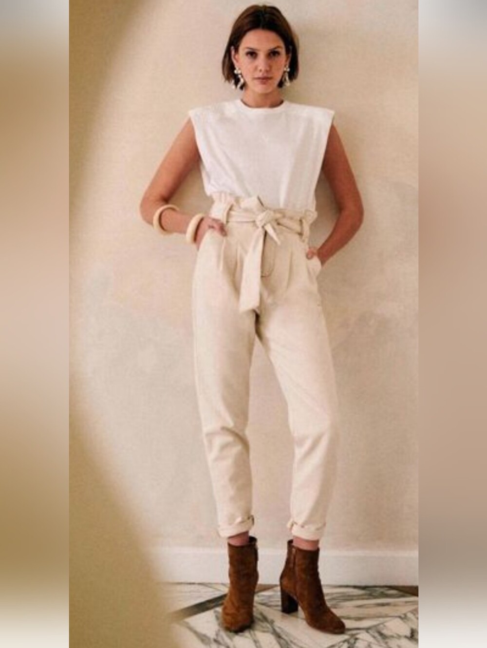 Sezane Austin Ecru Cream Paperbag Pants High Waist Pleated Belted Trousers 2 XS